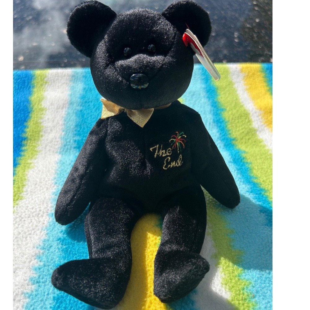 Ty Beanie Baby The End Bear Kids OS Black Excellent 1999 Retired Gold Ribbon